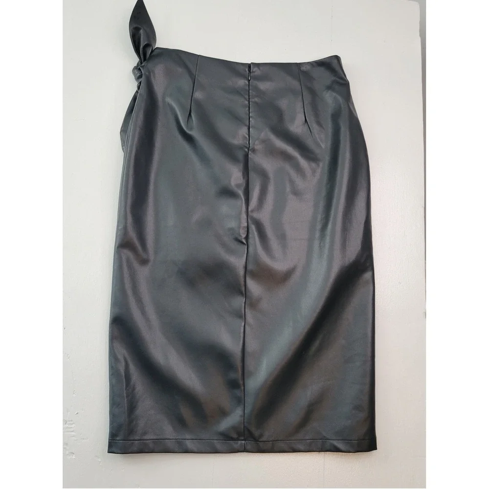 Faux Leather Wrap Midi Skirt Womens XL Black Tie Waist Grunge Indie Dark Academi